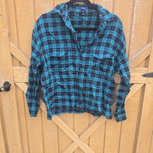 Blue and Black Plaid Button-Up Shirt